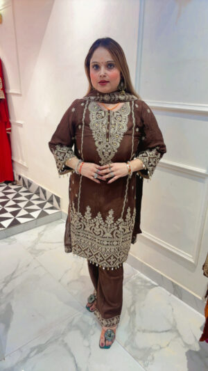 Pure Chinnon Palazzo Suit with Beautiful Neck Embroidery & Dupatta