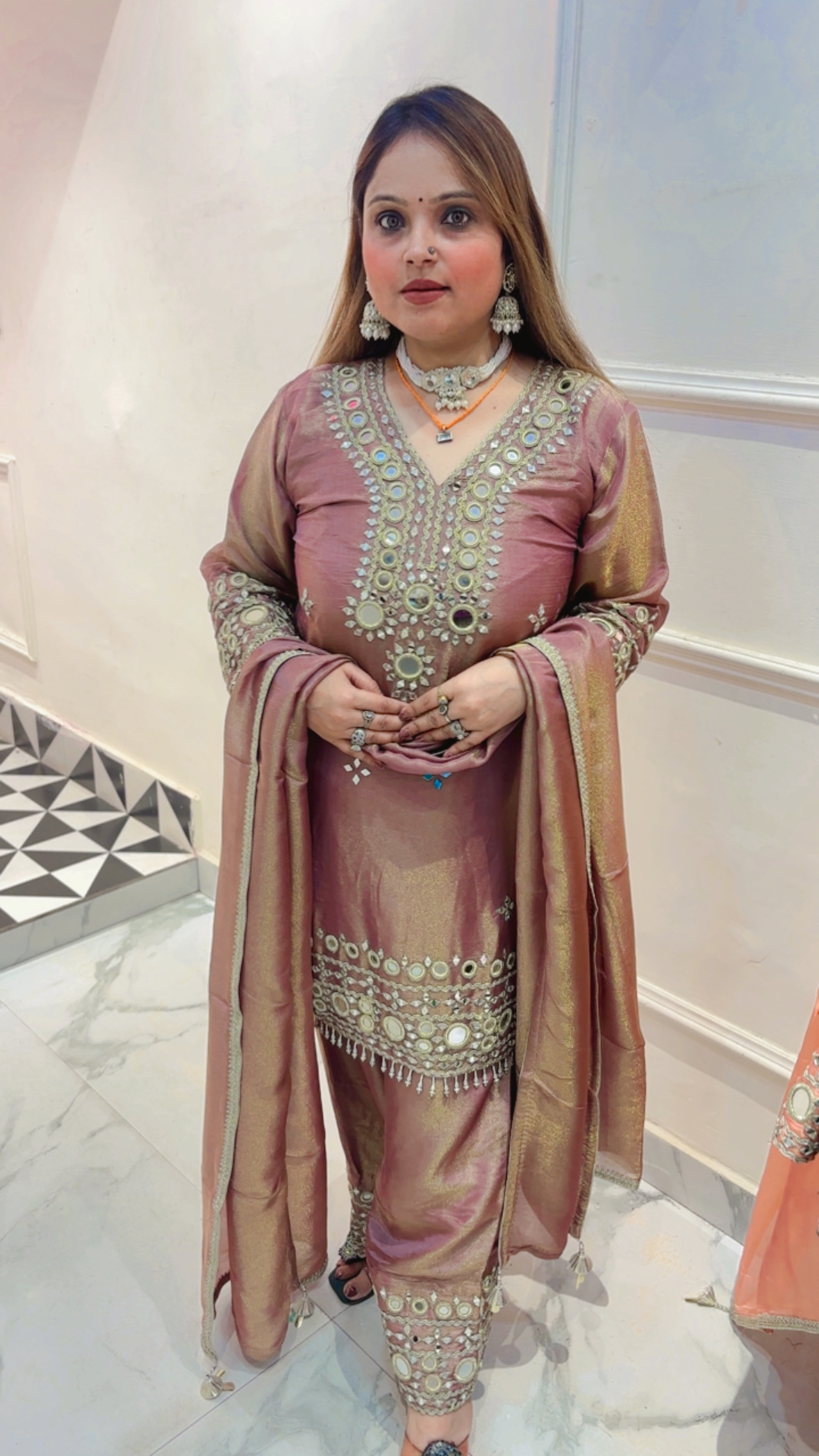 Pure Shimmer Silk Farshi Salwar Suit with Mirror Work & Dupatta