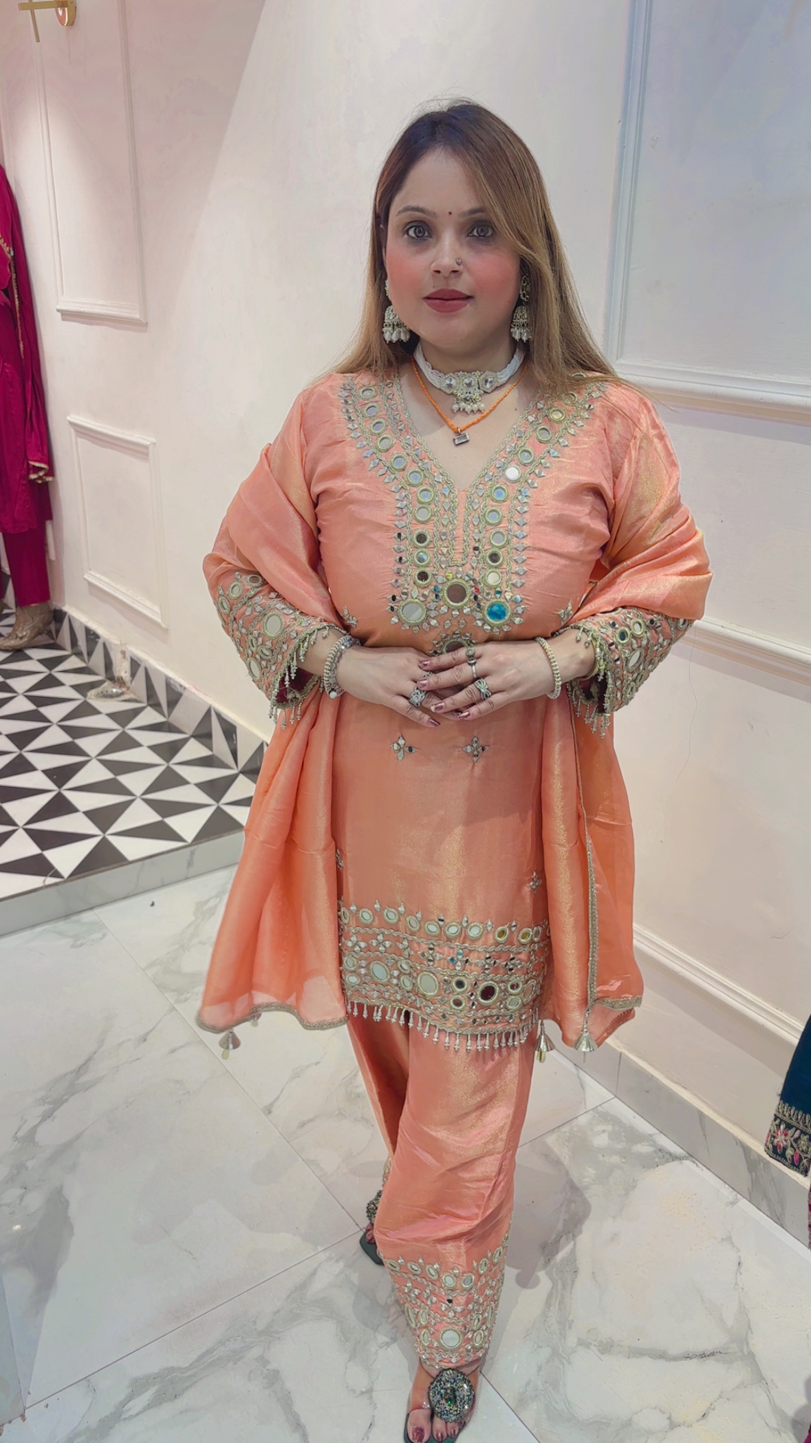 Pure Shimmer Silk Farshi Salwar Suit with Mirror Work & Dupatta - Image 2