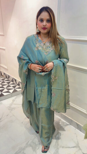 Pure Shimmer Silk Palazzo Suit with Peplum Top, Beautiful Embroidery & Dupatta
